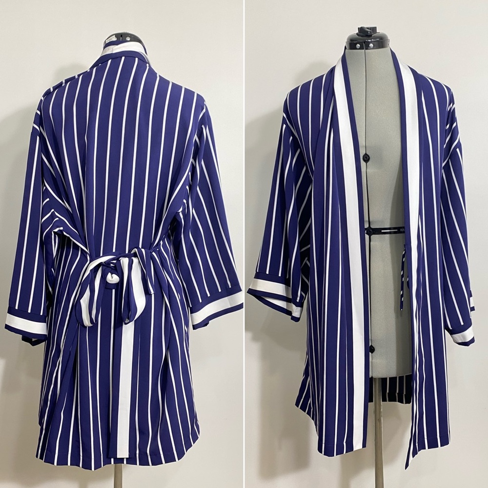Vintage 80s Natori Kimono Duster Coverup Robe Navy Stripes Coastal Preppy Travel